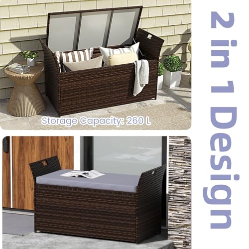 LIFEZEAL Banco de Almacenaje de Rattan PE, Reposapiés de Sofá, con Cojín Desmontable y Asas Laterales, Baúl de Almacenaje Exterior, Taburete para Piscina, Terraza, Patio, Jardín - imagen 4