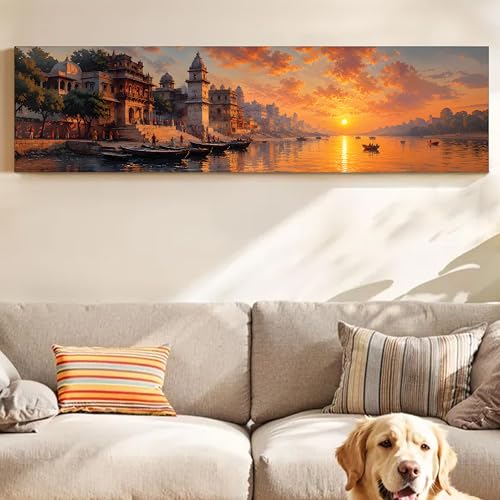 Image of Varanasi Ghats Sunset Stretched Canvas Wall Art Painting for Living Room, Abstract Spiritual Ganga Banaras Cityscape Canvas Wall Decor For Livingroom, Bedroom, Office, Hallway's, Hotel 12x46 Inch