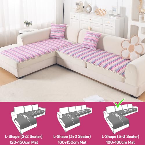 Image of HOKIPO L Shape (3+3 Seater) Sofa Cover Seat Mat | 300 GSM Cotton Acrylic Jacquard Fabric with Tassel, 'Trivana Series' Periwinkle Blue (IN-936-J5*2)