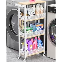 Giwil 4-Tier Slim Rolling Storage Cart for Kitchen Bathroom Organizer, Mobile Narrow Storage Cabinet Utility Cart with Wood Rack on Wheels for Pantry Laundry Small Space, White