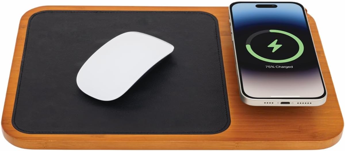 Oliver Gray Wireless Charger & Mouse Pad, 3-in-1 Charging Mat + Phone Holder, Wooden Finish, Vegan Leather