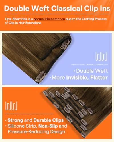 Image of Full Shine 24 Inch Real Hair Extensions Clip in Human Hair for Long Hair | Brown Roots Honey Blonde, Remy Clip in Hair Extensions, Double Weft, Invisible Straight, 7 Pcs 120g