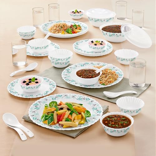 Image of Larah by Borosil Silk Series Stardust Opalware Dinner Set with Vision Glass | 40pcs for Family of 6 | Microwave & Dishwasher Safe | Bone-Ash Free | Crockery for Dining & Gifting | White, Plate & Bowl