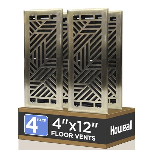 Howeall 4x12 Inches 4 Pack Heavy Duty Walkable Floor Register Easy Adjust Air Supply Lever Floor Vents - Brooklyn Design - Vent Cover for Home Floor - Antique Brass