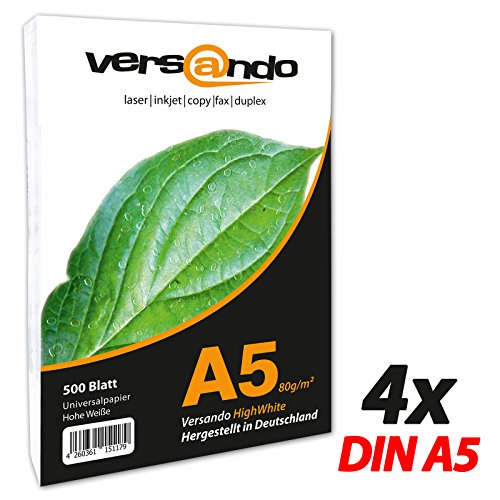 2000 Blatt, DIN A5 (148x210mm) 80g/m² hochweiß ökologisches Druck- und Kopierpapier MARKE versando® 80 Umweltzertifikat Druckerpapier, Universalpapier, Papier, Notizpapier, Fax und Tintenstrahldrucker und Schreibpapier Notizzettel