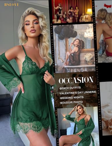 Image of RSLOVE Women Sexy Lingerie Set 3 Piece Babydoll & Lace Kimono Robe Strap Chemise Sleepwear Mesh Nightgown
