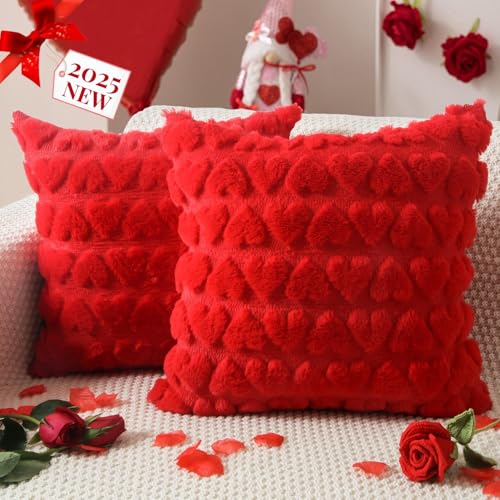HOLKEU Fundas para Cojines, Funda de Almohada de Covers de Terciopelo Ornamental Fundas Cojines Romántico para Sofa Sillas Dormitorio Sala de Estar Forma de Corazón Rojo - 40 x 40 CM