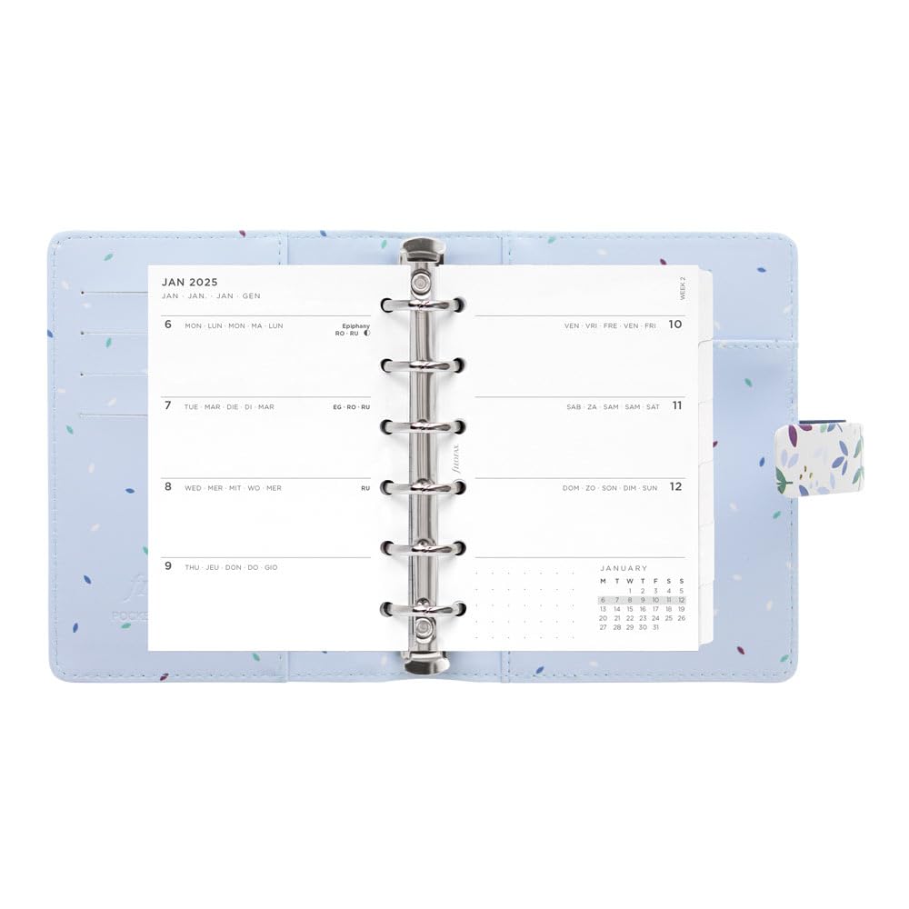 Filofax Agenda 2025 da giardino, tascabile, effetto pelle, dettagli in lamina d'oro, sei anelli, visualizzazione settimanale, multilingue, C028712-25