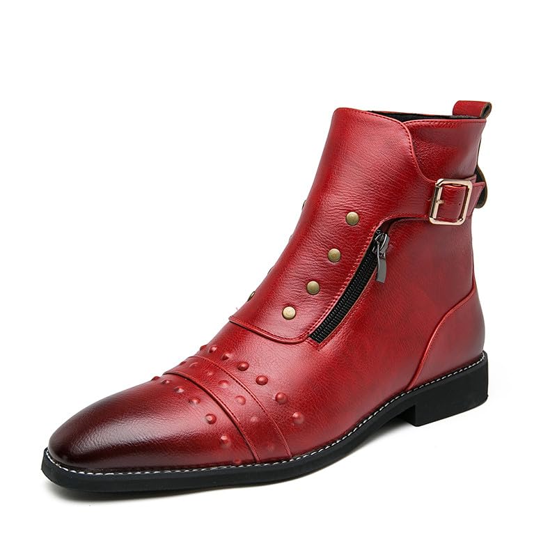 Santimon Men's Leather Motorcycle Ankle Boots Side Zipper Dress Casual Riding Punk Rock Plain Toe Studded Men Boots