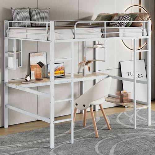 NovaFurnish Estructura de cama de metal de hierro con escritorio alta con cuatro estantes pequeños