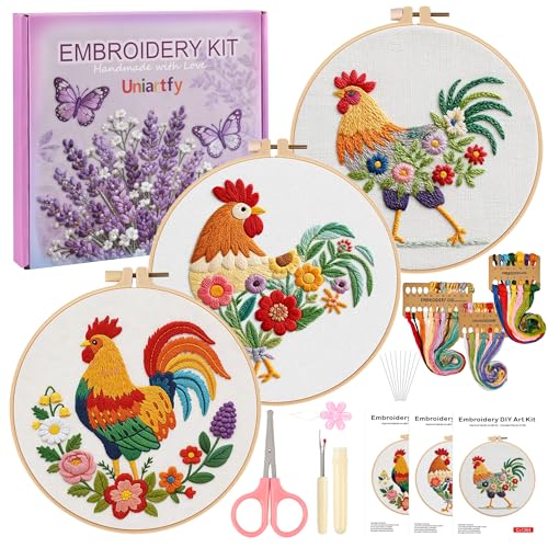 Image of Uniartfy 3 Pack Funny Rooster and Flower Embroidery Kits for Beginners, Animal Cross Stitch Kit for Adults, DIY Needlepoint with Stamped Pattern, Embroidery Hoop, Tools, Colorful Threads, Instructions