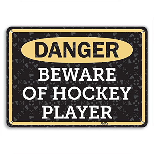 PetKa Signs and Graphics PKHO-0160-NA_14x10"Danger Beware of Hockey Player" Aluminum Sign, 14" x 10", Beige and White on Black
