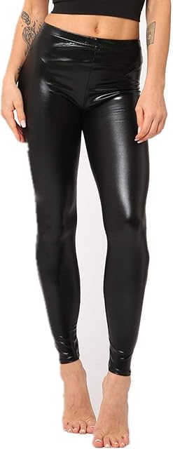 Fioeyr Ladies 80s Retro Metallic Shiny Wet Look Leggings Adult Disco Fancy Dress Costume Womens Outfit Pants