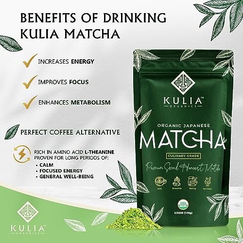 Kulia Organic Matcha Powder (100g) - Culinary Grade Matcha Green Tea Powder - Authentic Japanese Organic Matcha Green Tea Powder - Matcha Powder with Recipe E-Book and Bamboo Straws - Zero Sugar, Vegan & Low Calories Kulia Organic Matcha Powder (100g) - Culinary Grade Matcha Green Tea Powder - Authentic Japanese Organic Matcha Green Tea Powder - Matcha Powder with Recipe E-Book and Bamboo Straws - Zero Sugar, Vegan & Low Calories