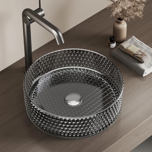 EMKE Lavabo Sobreponer en Vidrio Cristal, Redondo Negro, 36 x 36 x 11.2 cm, Lavabo de para Baño y WC de Invitados, Sin Orificio para Grifo