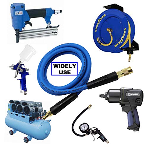 Yotoo Hybrid Lead-In Air Hose 3/8-Inch By 10-Feet 300 Psi Heavy Duty, Lightweight, Kink Resistant, All-Weather Flexibility With 1/4-Inch Brass Male Fittings, Bend Restrictors, Blue #TOP4