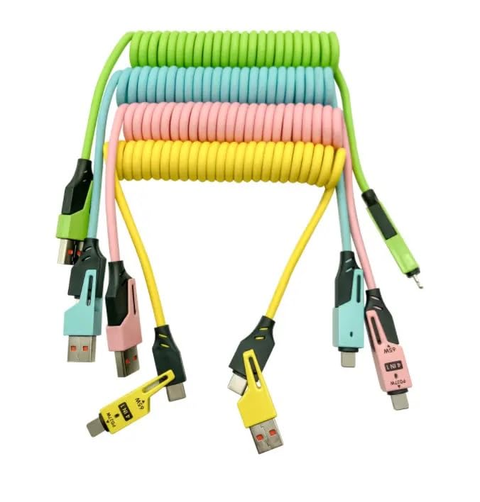 Image of 4-in-1 Fast Charging Cable 65W - USB & Type-C to Type-C /L Multi-Device Spring Coiled Charging Cable - Universal High-Speed Data Cable for iPhone, Android, iPad, Laptop & More