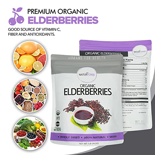 Naturtonix Usda Organic Whole Dried Elderberries, All Natural Immune Booster, Vegan, Gluten Free & Non-Gmo, Vitamin C, Sambucus Nigra, For Making Tea, Syrup, Jam & Gummies, 1 Pound #TOP2