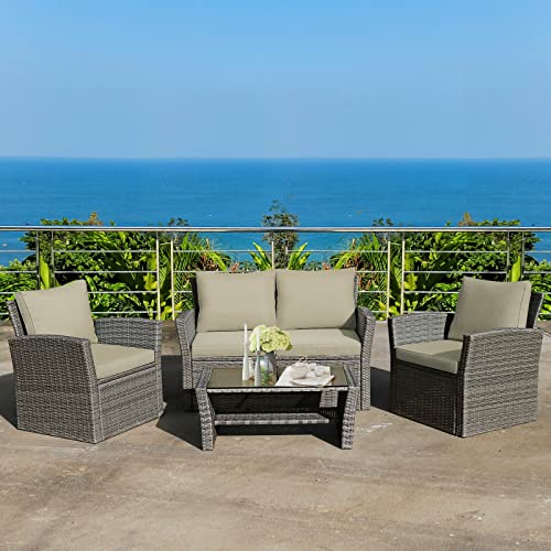 Dnats 4 Pcs Patio Rattan Furniture Set Sofa Table Storage Shelf Khaki Cushion Loveseat Mix Gray #TOP1