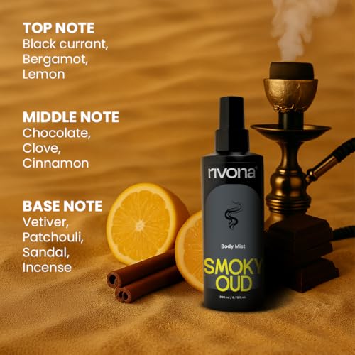 Image of Rivona Smoky Oud Body Mist | Woody & Bold Long Lasting Body Spray for Men & Women | Patchouli, Cinnamon & Incense | Unisex Statement Fragrance | 200ml