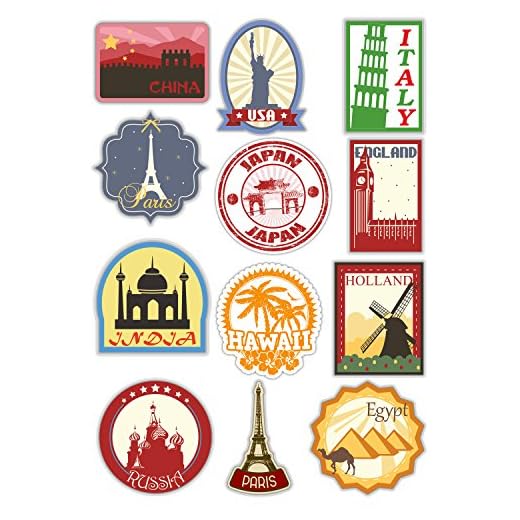 Feuille A4?12 x Voyage Stickers muraux en vinyle autocollant pour ordinateur portable iPad Valise Étiquettes # 4803 - 7cm on longest side