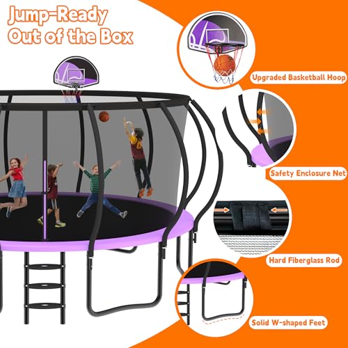 DeepRoar Tranpoline 8/10/12/14/15/16FT Pumpkin Tranpoline for Kids, Heavy Duty Outdoor Tranpolines with Basketball Hoop, Safety Enclosure Net, Light, Sprinkler, Socks, ASTM Approved