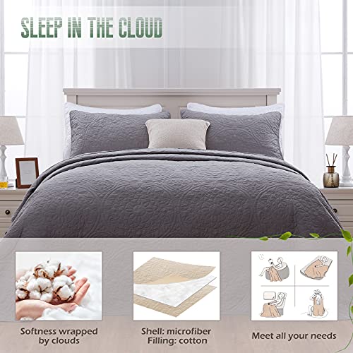 Semech Quilts Queen Size Bedspreads Cotton Coverlets, Grey Lightweight Summer Bedspreads Gray 3 Piece Includes 1 Quilt And 2 Shams #TOP1