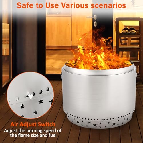 27 Inch Smokeless Fire Pit, Portable Stainless Steel Outdoor Fireplace - 360° Airflow Technology and Removable Ash Pan, Ideal for 6 or More People