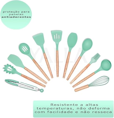 Jogo Utensílios de Cozinha em Silicone Madeira 12 Peças (Verde-água)