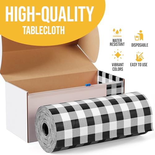 Image of Party Solids 54 Inch X 100 Feet Black Gingham Plastic Table Cover Roll in A Cut - to - Size Box with Convenient Slide Cutter. Cuts Up to 12 Rectangle 8 Feet Plastic Disposable Tablecloths