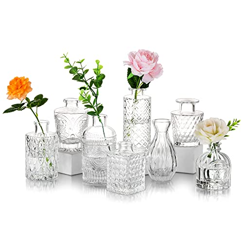Petits Centres De Table en Verre Vase De Fleurs：glasseam 8Pcs Vintage Mini Bud Sweet Pea Vases Set Cristal Coupe Clair Bouteilles À Col Étroit pour Roses Pampas Herbe Mariage Salon Salle Décoration