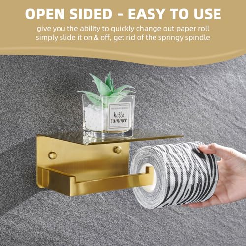 Image of Angle Simple Toilet Paper Holder with Shelf, Brushed Dark Gold
