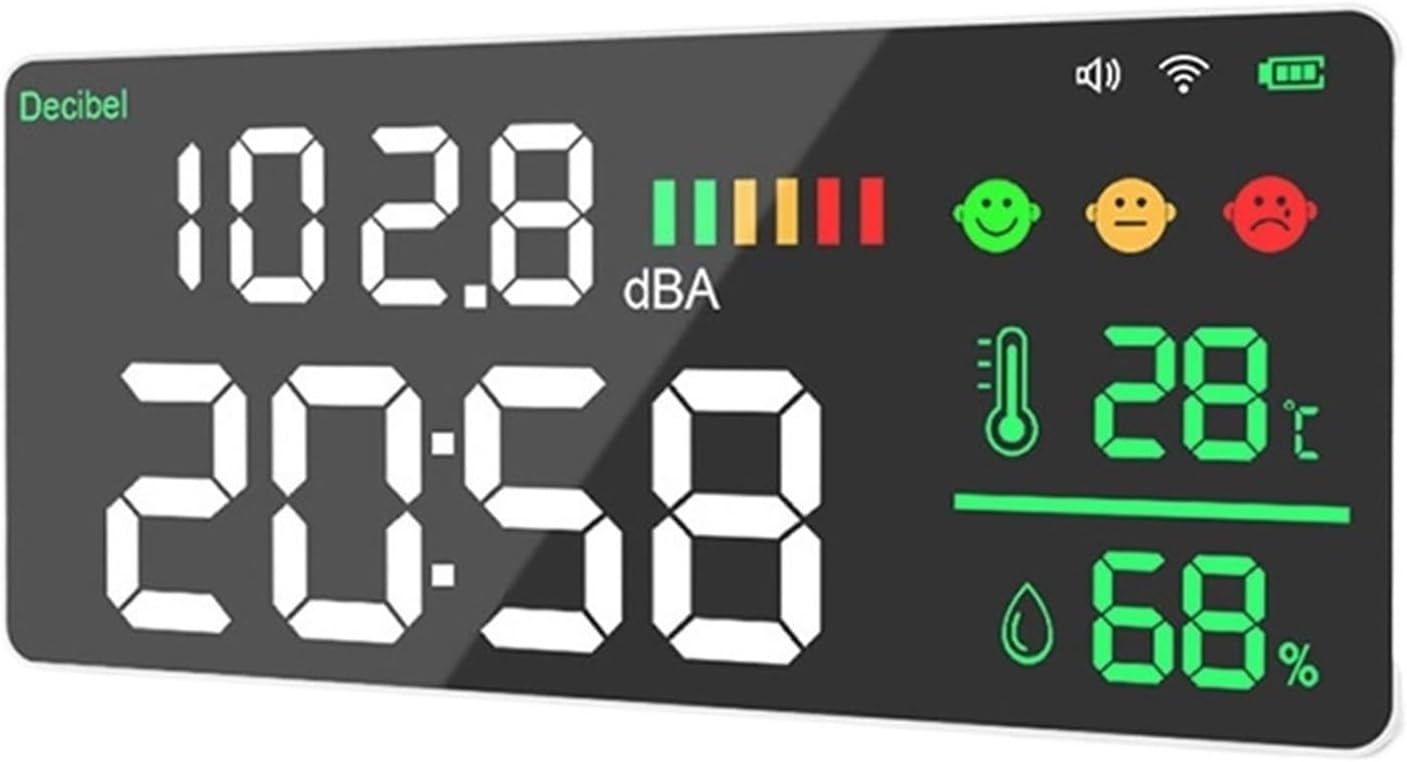 Decibel Meter 4 in 1 Temperature and Humidity Decibel Tester Alarm Clock 11-inch LED Color Display Control