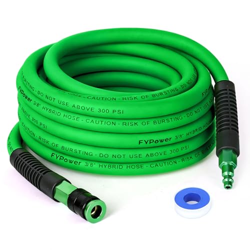 FYPower Hybrid Air Hose 3/8 in x 25 ft Heavy Duty Lightweight Flexible and Kink Resistant Compressor Hose with 1/4 Universal Aluminum Fittings Green
