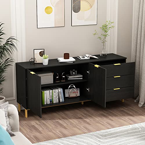 Ecacad Sideboard Buffet Storage Cabinet With Doors & Drawers, Kitchen Cupboard Cabinet With Storage Compartments & Gold Metal Legs, Black (62.9”W X 15.7”D X 27.5”H) #TOP2