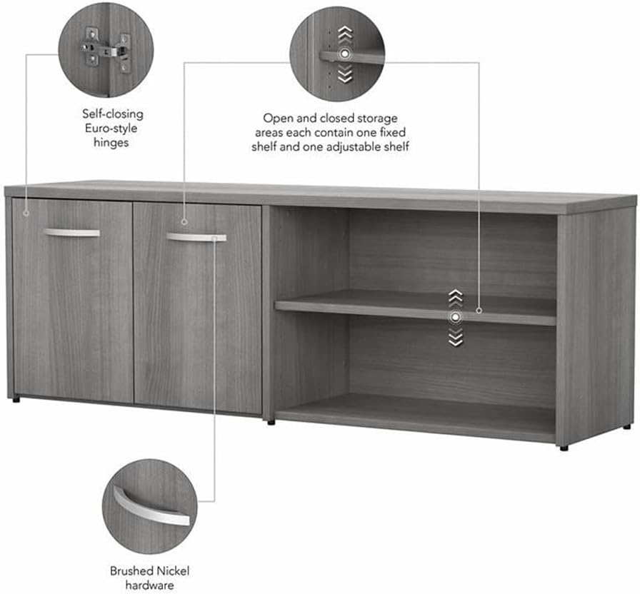 Pemberly Row Low Storage Cabinet with Doors, 60W x 16D x 21H, Engineered Wood Construction, Platinum Gray Finish, Adjustable Shelves, Office Credenza for Books, Supplies, and Decorations