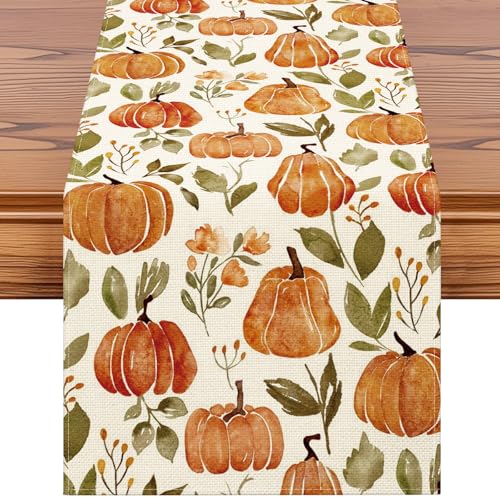 Artscope Fall Pumpkin Table Runner, Watercolor Plant Pumpkin Autumn Thanksgiving Holiday Kitchen Dining Table Decoration for Fall Home Decor 13x72 Inch