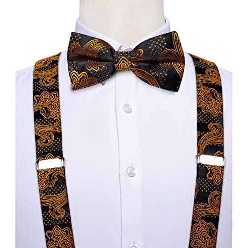 Sdfgh Gold Black Men's Suspenders Set Real Leather 6 Clips Suspenders Braces Wedding Silk Suspenders Bow Tie Set (Color : As Shown, Size : One Size) #TOP1