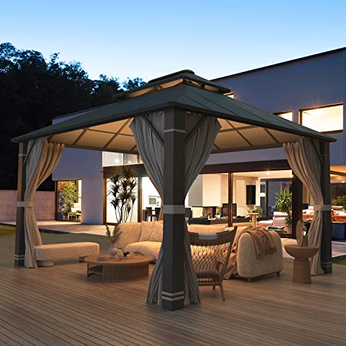 Erommy 12'X14' Gazebo Double Aluminum Composite Roof Canopy With Aluminum Frame Outdoor Permanent Pavilion With Curtains And Netting For Backyard Patio Lawn Garden #TOP6