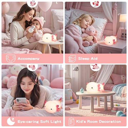Image of FAMIDUO Pink Axolotl Lamp, Food-Grade Silicone Squishy Night Light for Kids | 2-Level Touch Dimmable ,20-Min Auto-off Timer, Rechargeable Anti-Blue Warm Glow Nursery Bedside Decor, Cute Gifts for Girls