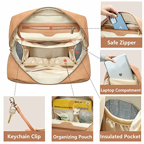 Miss Fong Leather Diaper Bag Backpack Diaper Bag Purse, Baby Diaper Bag For Mom Dad With 12 Diaper Bag Organizers, Changing Pad And 4 Insulated Pockets, Faux Leather Diaper Bag Backpack(Brown) #TOP2