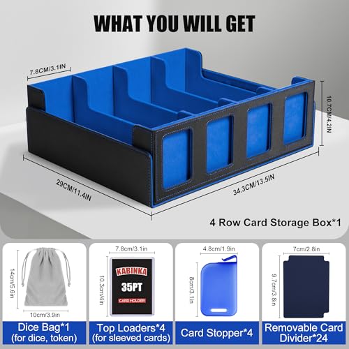 Image of Trading Card Storage Box with Commander Display , 4-Row Deck Case with Removable Lid; 2400+ Card Deck Box for MTG TCG Sports Card, 4 Top Loaders, 4 Stoppers, 24 Dividers,1 Dice Bag (Black Blue)