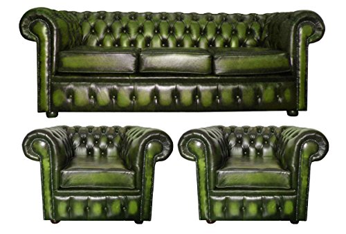 CK Chesterfield Genuine Leather 3 Seater Sofa and Club Chairs Set (Antique Green)