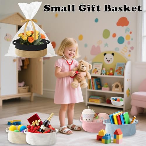 Image of Woven Rope Basket,Baby Gift Basket with Bag & Ribbon, Black&Jute