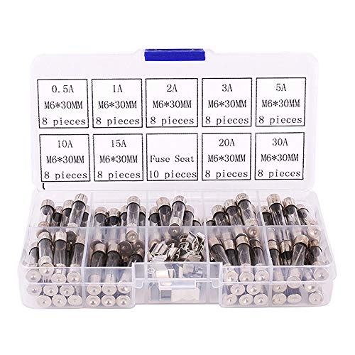 LIANGXIE 6x30mm Fast-blow Glass Fuses Quick Blow Car Glass Tube Fuses Assorted Kit Amp 0.5A,1A,2A,3A,5A,10A,15A,20A,30A 72pcs and 10pcs fuse seat 6x30 fuse with box