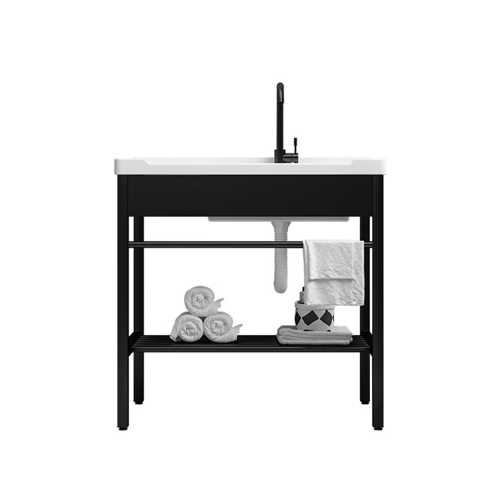 Vanity - Mobile da bagno ad angolo salvaspazio da 89,9 cm, con armadietto in metallo e rubinetto, design moderno e piccolo, con funzionale lavandino a pedale per la massima efficienza, colore: nero