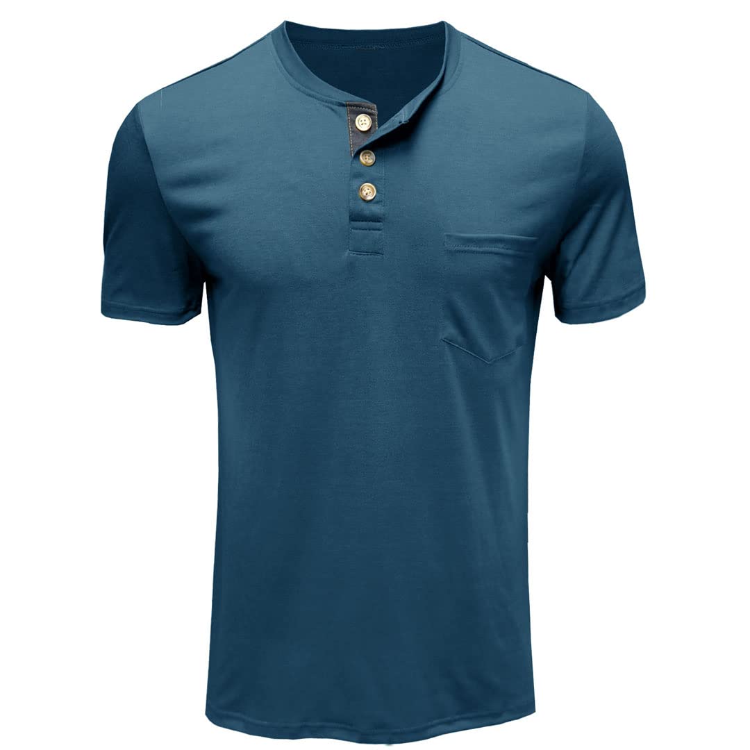 Camisetas de verano para hombre, manga corta, estilo Henley, casual, con un solo botonadura, bolsillo, azul vaquero, XL