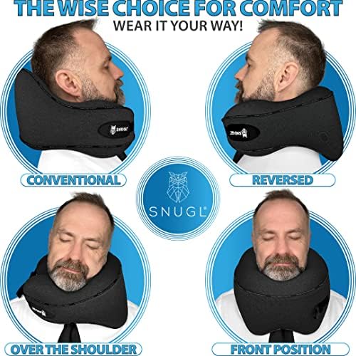 SNUGL Travel Pillow - Premium Memory Foam Neck Rest Cushion - Head, Neck & Chin Support for Airplane, Train or Car - Carry Bag with Clip Included - Flight and Travel Essentials (Jet Black - Regular)