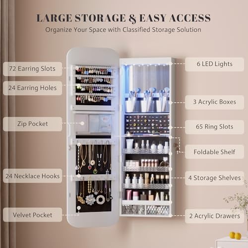 Image of Vlsrka 47.2 inch Wall /Door Mounted Jewelry Cabinet Organizer Armoire W /Mirror | 6 LEDs, Over The Door Hanging Jewelry Organizer with Rounded Corner Mirror, Lockable Full Length Mirror with Storage,White