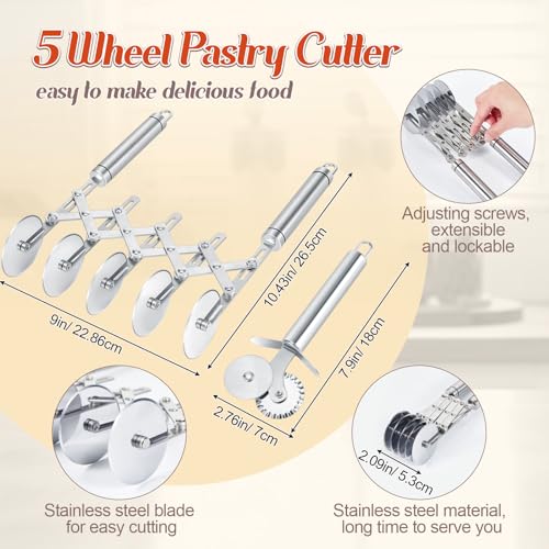 image for Gisafai 3 Pcs Pastry Cutter Set 5 Wheel Adjustable Pizza Slicer Stainl
